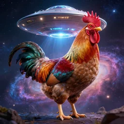 a giant rooster, being abducted by a ufo, galaxy cosmic nebula, epic, volumetric light, hyperrealistic, glitter, mega detailed, beautiful composition, beautiful lighting, unreal render, 4 k, vincent di fate, john berkey, michael whelan