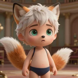 a photorealistic special effects scene from a live action sci - fi film showing a lifelike cute white man ( with medium hair and cute big green eyes, detailed face, concerned expression ) wearing a swimsuit standing in an old ballroom and starting to transform into a cute foxgirl with photorealistic lighting. hyper detailed face