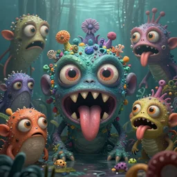 intricate colourful murky with strange cute friendly angry crazy creatures with huge beauty eyes!!! long tongue triangle teeth and scary face appearing from the water, in the style of craola, shallow depth of field, highly detailed, digital painting, trending artstation, concept art, illustration, cinematic lighting, vibrant colors, photorealism, epic, octane render