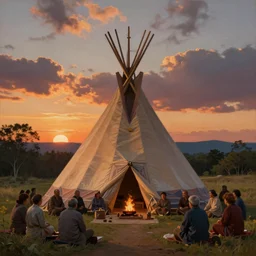 a beautiful painting of a sweat lodge ceremony at sunset in a tipi, fantasy art, matte painting, hyper detailed