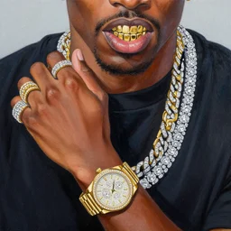 a painting of miles morales, dripped out, diamonds, diamond chain, gold rings, gold watch, stylish, gold grill by sachin teng