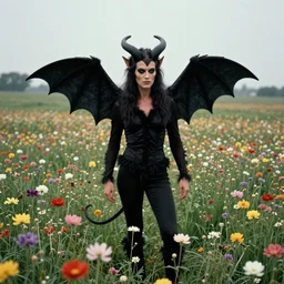 encounter with satan in beautiful meadow of flowers, film photo from 1970s, grainy, high detail, high resolution