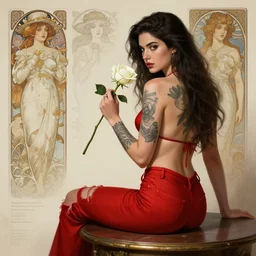 red ripped jeans tattooed sexy girl sits on a table holding a white rose, deep focus, turnaround, character sheet, elegant, highly detailed, digital painting, artstation, concept art, matte, sharp focus, illustration, hearthstone, art by artgerm and greg rutkowski and alphonse mucha.