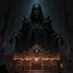 a dark ghoul towering over a dark haunted movie theatre. glowing dark glass eyes, black leather skin. intricate, elegant, highly detailed, centered, digital painting, artstation, concept art, smooth, sharp focus, illustration, artgerm, tomasz alen kopera, peter mohrbacher, donato giancola, joseph christian leyendecker, wlop, frank frazetta