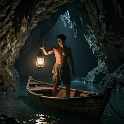 concept art of a man standing inside a boat holding a lantern in a dark cave