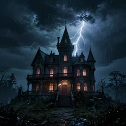 a haunted mansion atop a hill during a thunder storm, scary, night, lighting, cinimatic, movie, horror, photorealism