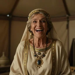 dramatic film still of 80 year old Mediterranean skinned woman in ancient Canaanite clothing laughing, embarrassed, surprised, ancient interior tent background, Biblical epic directed by Alfred Hitchock