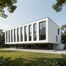 contemporary rectilinear elevated above ground white house with continuous high windows with black mullions, inspired by farnsworth house, inspired by villa savoye, inspired by mies van der rohe, octane render, highly detailed