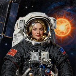 “astronaut on board international space station wearing black space suit and gold helmet, highly detailed, realistic, portrait, no flag patch, symmetrical, photorealistic, proportional, beauty, fish eye lens, nasa, spacex, galaxies, in the style of Edward hooper oil painting sun rising”