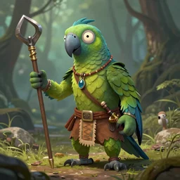 sentient sapient parrot wearing clothes wielding tools civilized tribal, speculative evolution epic fantasy illustration