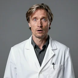 formal portrait of shocked expression mads mikkelsen as doc brown wearing white lab coat. digital art by eugene de blaas, ross tran, and nasreddine dinet, vibrant color scheme, intricately detailed, in the style of romanticism, cinematic, artstation, greg rutkowski