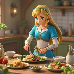 zelda the princess is preparing delicious vegetarian food, fantasy style, 8 k, artstation, octane render, ultra realistic