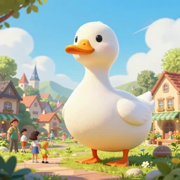 Giant Duck stands next to a town, surrounded by people, digital art, trending on ArtStation, Gulliver's Travels