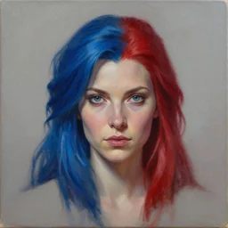 a detailed matte oil on canvas head on symmetrical portrait of a distinguished elven woman with two - tone blue red hair by charlie bowater, lise deharme, wlop, trending on artstationhd, dungeons and dragons art critical role, half and half hair dye, split hair dye, two tone hair dye, dye hair