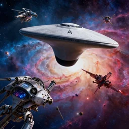 star trek enterpise beeing attacked by the borg, ultra realistic, intricate details, highly detailed, colorful nebula background, octane render, 8 k - n 4
