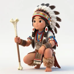 a cute native american girl, in a half - crouched, in hand she have weapon bone, under her feet is a sit big cat. anime, manga, hyper detailed, 8 k, hdri, digital painting, artstation