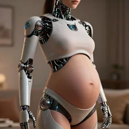 pregnant female cyborg, robot anatomy elements, female body elements, cozy atmospheric and cinematic lighting, ultra rendered extreme realism and detail, 8 k, photorealistic, sharp focus