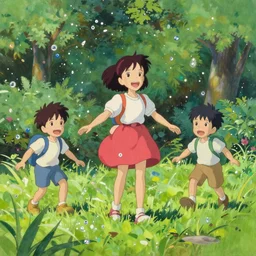 one girl and two boys playing in the park, daytime, drops around, particles, shiny, Studio Ghibli, animated, illustrated, vibrant, by Greg Rutkowski, artstation, oil painting, detailed, 4k, colorful