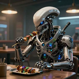 A sophisticated terminator with borg implants and lots of components sitting in a cyberpunk cafe and munching on skewer kebabs made of electronic components. Unreal 5 nanite, path tracing render, global illumination. Highly detailed 8k. Bloom, cinematic post-processing