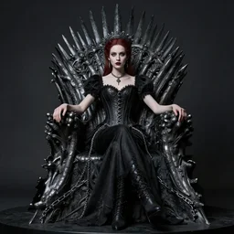 an elegant gothic princess, very tight corset, chains, sitting on the iron throne, full body, style of ilya kuvshinov and greg rutkowski, masterpiece, very high quality, intricate, high resolution