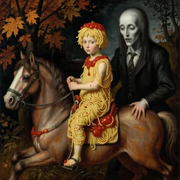 a boy made of spaghetti and tomato sauce, sitting on top of a horse, autumn night, by giuseppe arcimboldo and ambrosius benson, renaissance, intricate and intense oil paint, a touch of beksinski and hr giger and edward munch, realistic