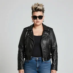a young chubby goth woman an asymmetrical ombre mohawk wearing a leather jacket, sunglasses, jeans, and a tshirt. high key, anaglyph lighting, blender art, illustrations, pixiv, by ribosoma _ 4 2, guweiz