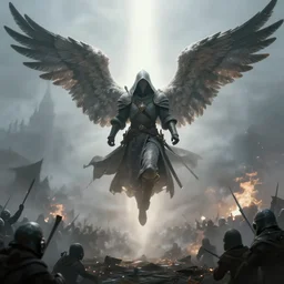 a cloaked medieval warrior with angel wings, floating within a beam of light. There is a massive battle going on, mist everywhere