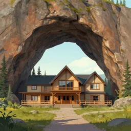 A villa under huge rock arches in the Yukon, digital art, artstationhq, by Charles Sheeler and Jordan Grimmer and Victor Mosquera