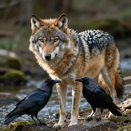 ! human wolf crow werecreature, color photograph captured at creek