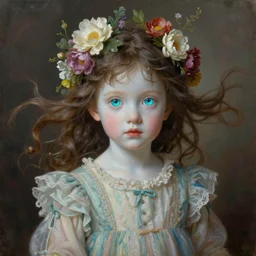 a young girl portrait with porcelain face and big crystal turcoquise eyes, two ponytails flying in the wind, dressed in a vintage long dress, flowers blooming in her head, conceptual art, oil fantasy painting, hyperdetailed, dramatic light, 8 k