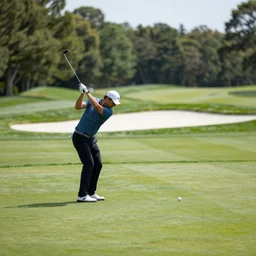 a perfect bunker shot, best golfer in the world, highly detailed, realistic, dlsr picture