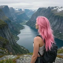 a young woman with long pink hair looking at fjords, hiking clothes, tank top, norway, fjords in background, cinematic, beautiful, stunning, day time, epic, 8 k, 1 6 : 9