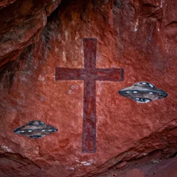 red cave painting of cross and ufos ultra hd