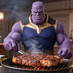 dslr photo portrait still of thanos grilling steaks, 8 5 mm f 1. 8