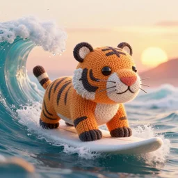 a closeup photorealistic render of a cute knitted tiger hippopotamus riding a large wave at sunset. surf in the background. intricate stitching. professional capture. brightly lit scene. this 4 k hd image is trending on artstation, featured on behance, well - rendered, extra crisp, features intricate detail, epic composition and the style of unreal engine.