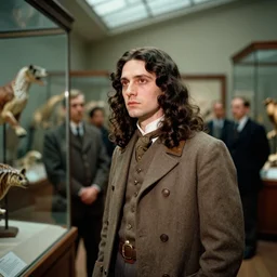 an image of a archduke visiting the museum of nature in a medium full shot, vintage historical fantasy 1 9 3 2 life magazine photograph kodachrome slide russian and japanese mix, with fair skin, long, wavy dark brown hair, and auburn eyes. he is photographed touring the museum with museum guides.