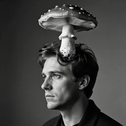a man who's head is turning into a mushroom, annie liebowitz, black and white