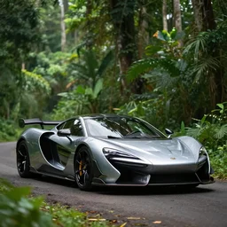 a sleek hypercar sitting in a dense jungle, clear focus, bokeh effect, high res, hasselblad, dslr, professional, cinematic