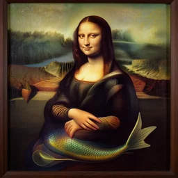 painting on an african mermaid, art by leonardo davinci - in the style of'mona lisa'( 1 5 0 3 ), highly detailed, smooth, sharp focus, intricate, symmetry, masterpiece work of art,