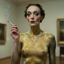 portrait of unseen lovecraftian golden ratio horror bridgette b with a hyper realistic cigarette, tight fit. defined neck and face, art by salvador dali joaquim phoenix and best artist in the year 3 0 0 0, post - processing, 8 k, museum worth
