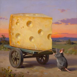 mouse pulling a two wheeled cart with a large piece of cheese on it at sunset, detailed oil painted by botero