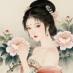 beautiful woman surrounded by flowers, illustration, highly detailed, chinese gongbi