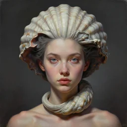 a detailed portrait beauty girl with a shell shaped hairstyle wrapping around neck, wide painting by greg rutkowski and hr giger, zbrush, trending on artstation : 1 h 1 0 2 4