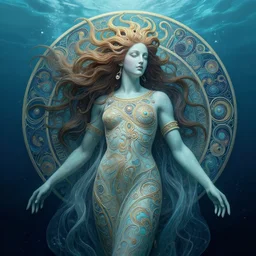 hyperdetailed underwater portrait of a cosmic god. by greg rutkowski, highly detailed, digital painting, artstation, smooth, sharp focus illustration, artstation hq. intricate, elegant. art by wlop and artgerm and greg rutkowski, alphonse mucha, medium shot. dan mumford, tomokazu matsuyama, takato yamamoto