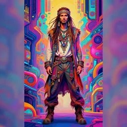 colorful full body portrait of a hippie, set in the future 2 1 5 0 | highly detailed | very intricate | symmetrical | professional model | cinematic lighting | award - winning | painted by mandy jurgens and ross tran | pan futurism, dystopian, bold colors, cyberpunk, groovy vibe, anime aesthestic | featured on artstation
