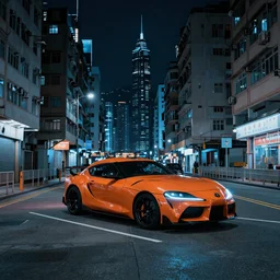 orange supra in the middle of a road on the night Hong Kong china town, blue color grading, cinematic color grading , unreal 5, hyperrealistic, realistic, photorealistic, dynamic lighting, highly detailed, cinematic landscape, studio landscape, studio lighting