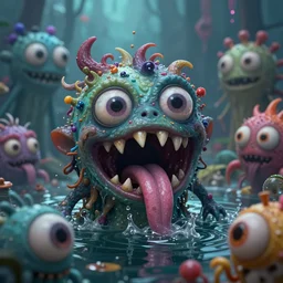 intricate colourful murky horror with strange cute friendly horror crazy monsters with huge beauty eyes long tongue triangle teeth and scary face appearing from the water, in the style of craola, shallow depth of field, highly detailed, digital painting, trending artstation, concept art, illustration, cinematic lighting, vibrant colors, photorealism, epic, octane render