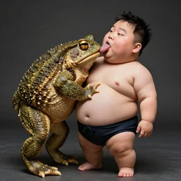 dramatic photo of a fat tiny midget man in a swimsuit holding and licking the worlds largest toad