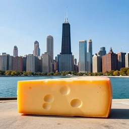 city of Chicago skyline made of cheese as seen from Montrose harbor hyperrealistic