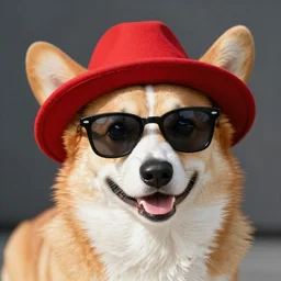 a corgi with a red hat and sun glasses